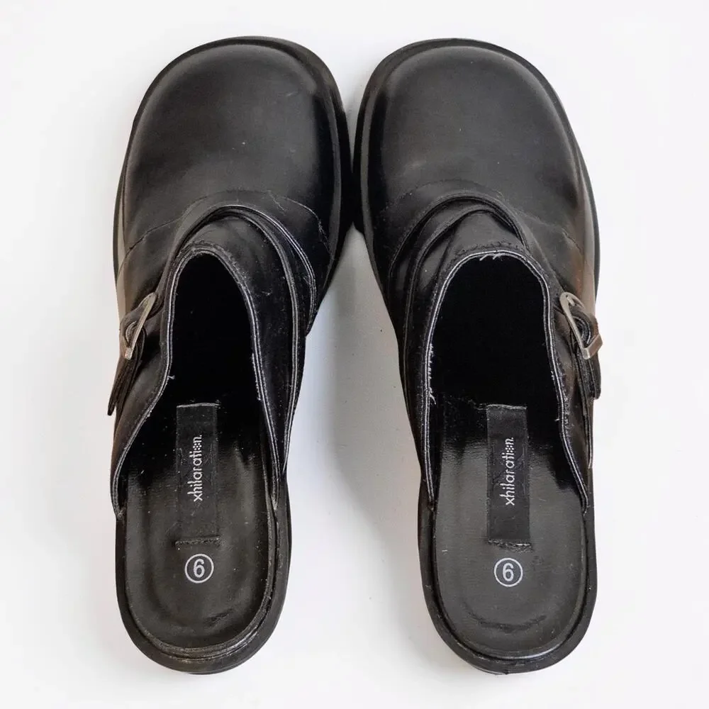 Y2K Xhilaration Black Platform Mule Clogs Buckle Heels Size 9
